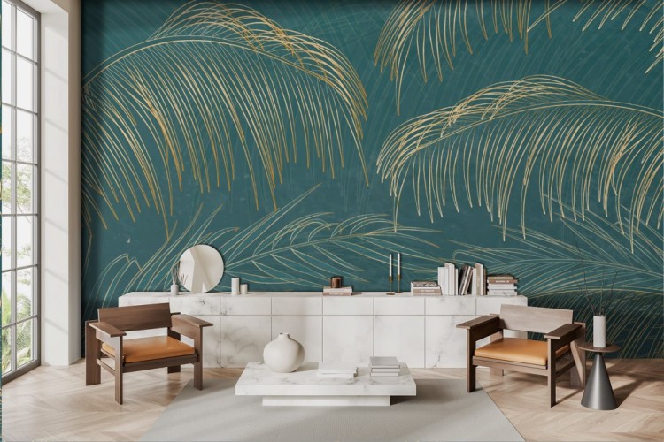 Tropical wallpaper with minimal golden leaves