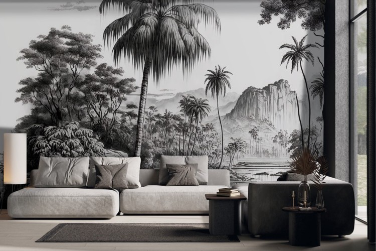 Tropical jungle landscape wallpaper in black and white