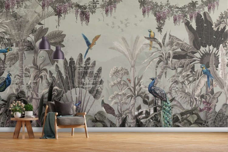 Tropical forest wallpaper with vintage parrots and peacocks