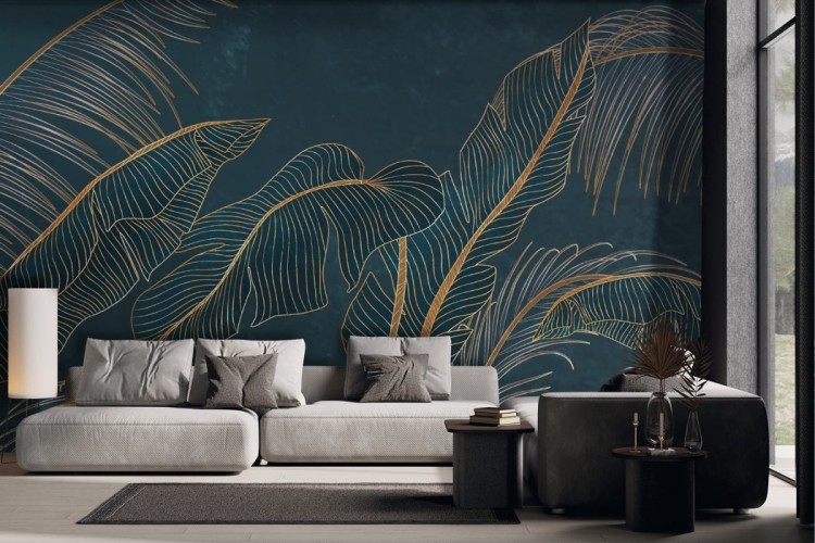 Tropical leaves wallpaper stylized gold on night blue background