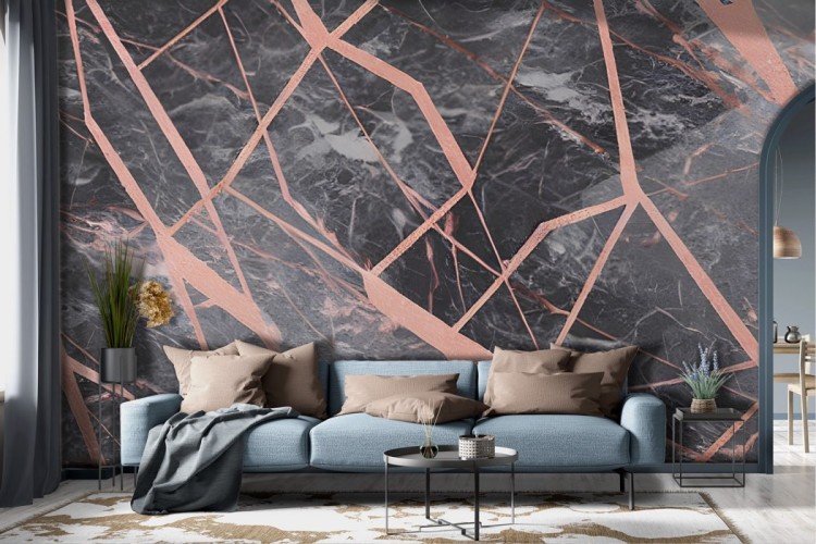 Black marble effect wallpaper with pink finishes