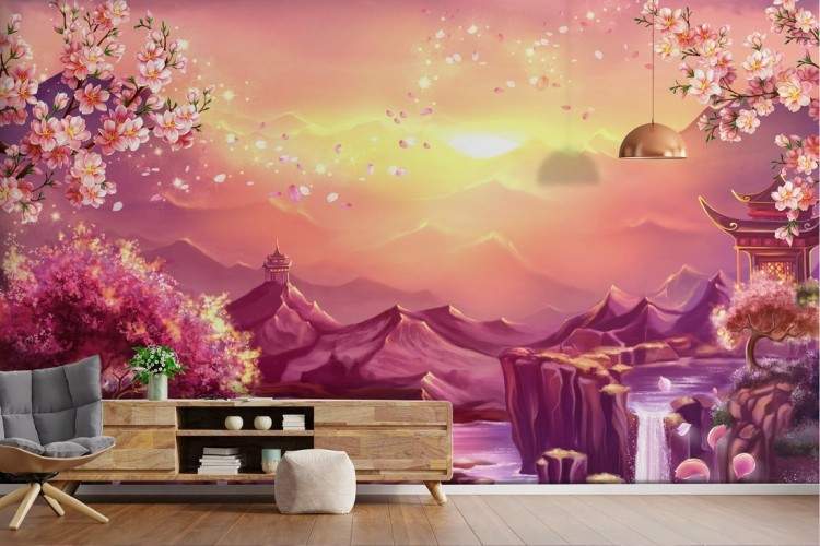 Oriental landscape wallpaper with waterfalls and cherry trees