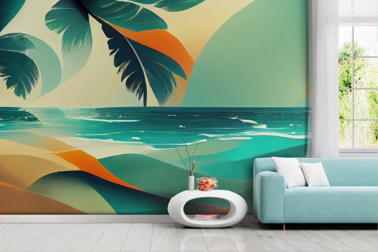 Colorful wallpaper sea waves and palms