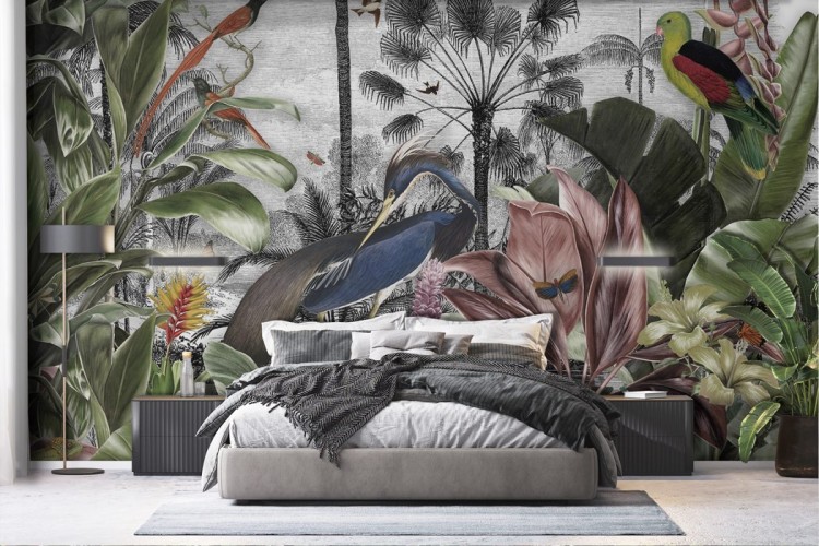 Vintage tropical forest wallpaper with birds