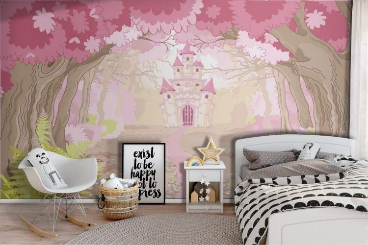 Fairy tale castle wallpaper in the forest landscape for children