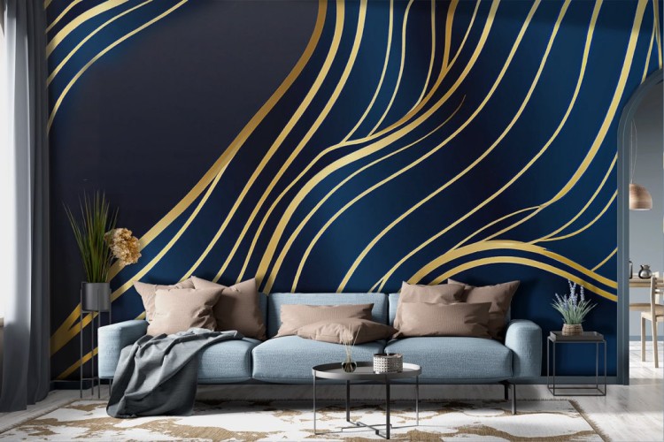 Modern wallpaper gold waves on blue background