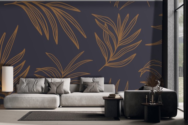 Stylized tropical leaves wallpaper gold on purple background