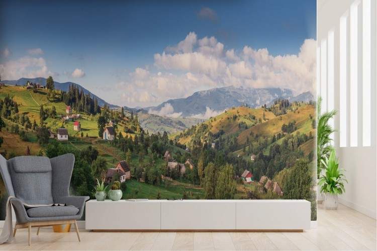 Wallpaper colline con abitazioni paesaggio montagna