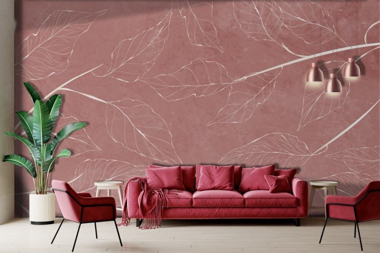 Red marble effect wallpaper with stylized leaves