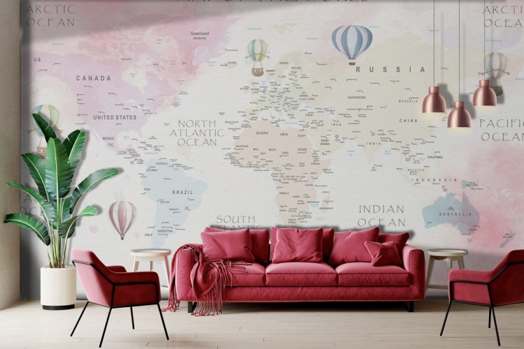 Pink hot air balloon world map wallpaper