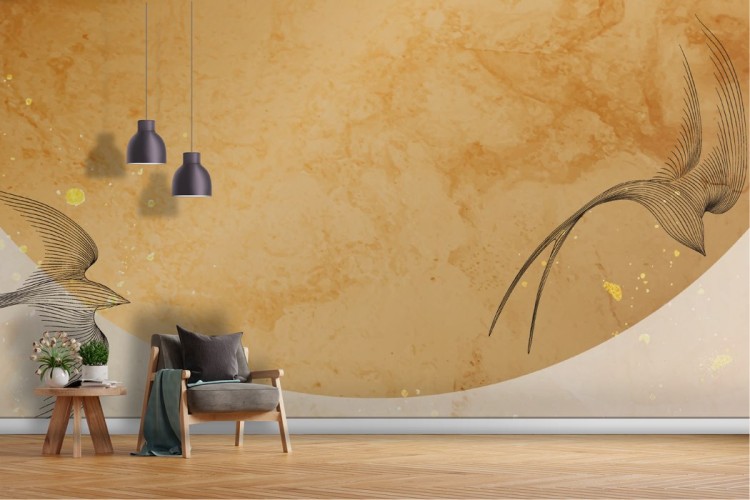 Gold marble wallpaper with stylized birds