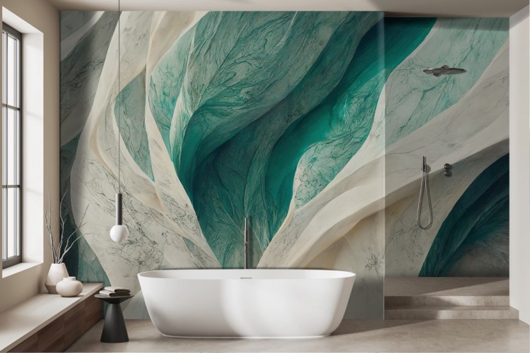 Marble wallpaper with green white 3D waves