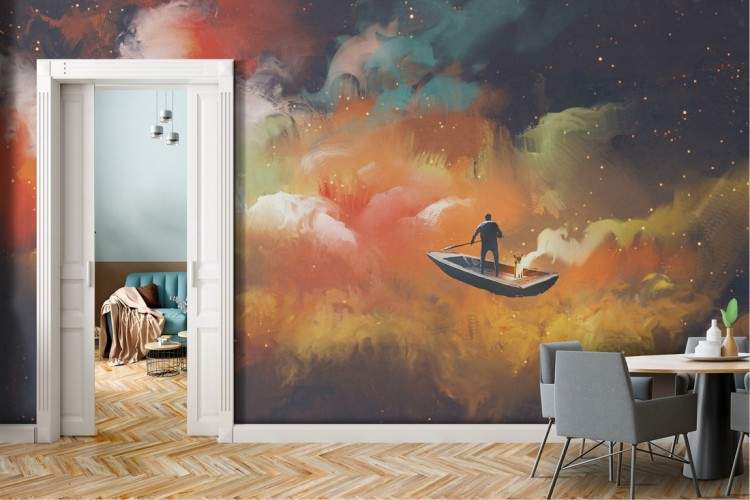 Wallpaper painted man sails universe landscape