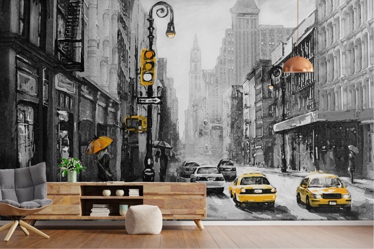 New York City Taxi Modern Painted Wallpaper