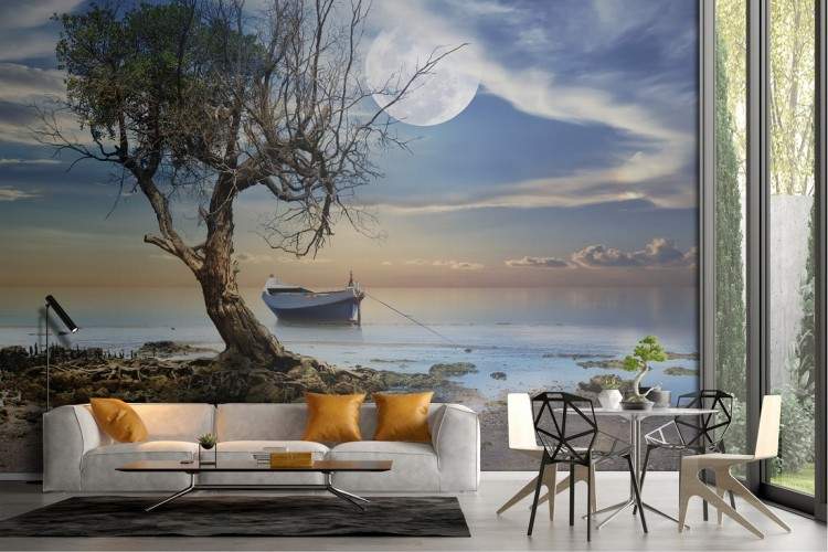 Wallpaper paesaggio lago con barca luna piena