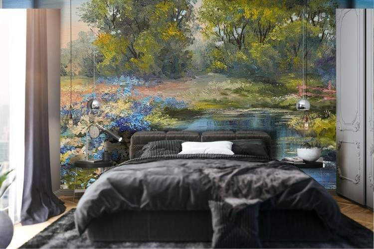 Wallpaper of meadow with flowers, river and painted trees