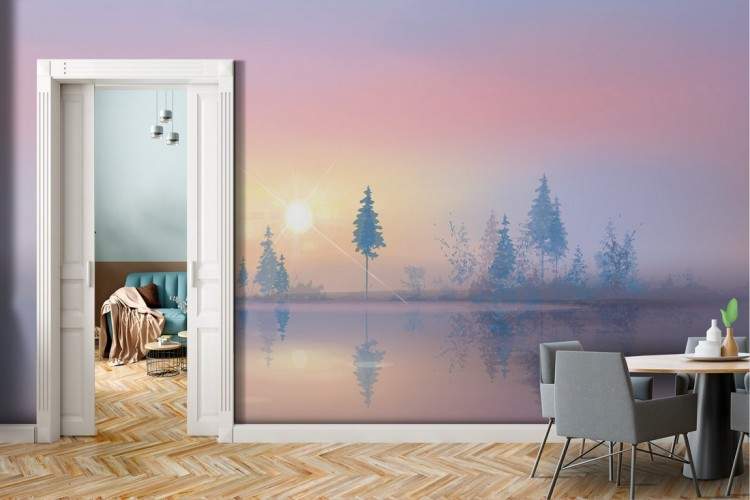 Wallpaper lake with trees painted landscape