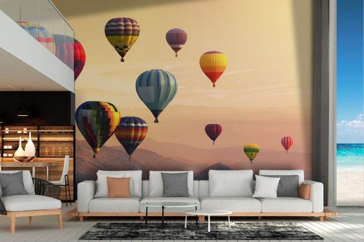 Wallpaper landscape mountains with hot air balloons