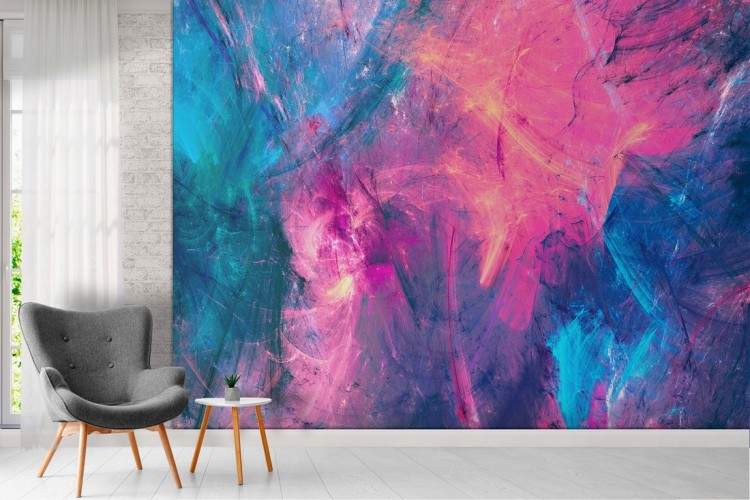 Abstract blue and fuchsia painted wallpaper design