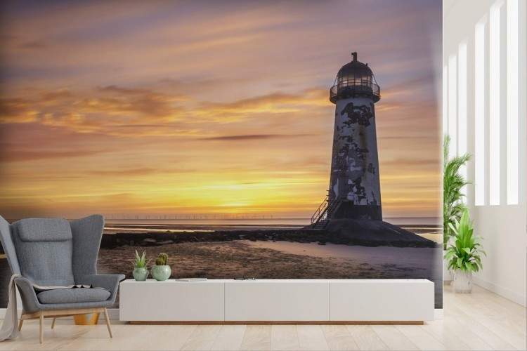 Wallpaper beach with lighthouse at sunset dawn