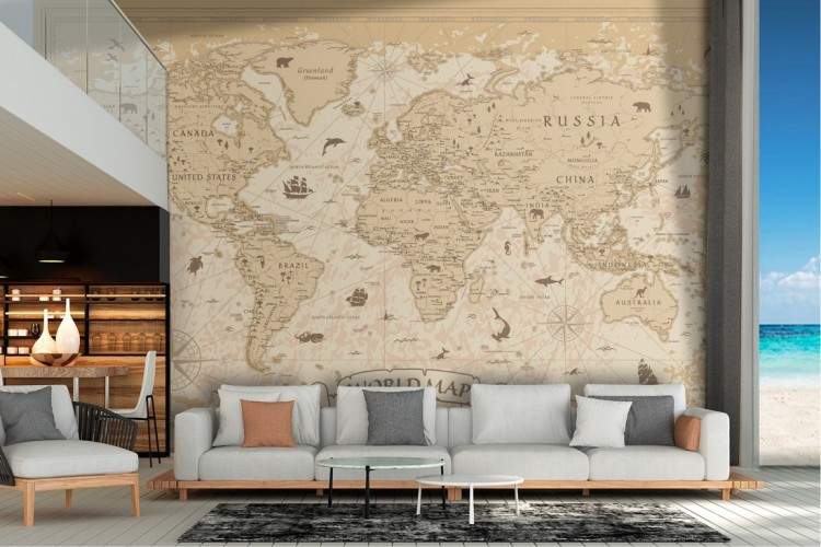 Stylized world map wallpaper with animals