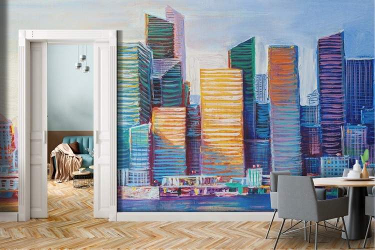 Wallpaper skyscrapers painted city on the sea