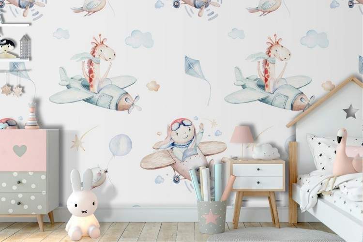 Wallpaper Bambini Decorazioni e Pattern Razzi aerei mongolfiere