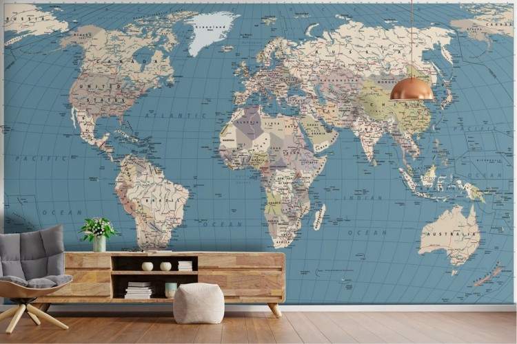 Geopolitical world map wallpaper and wall stickers