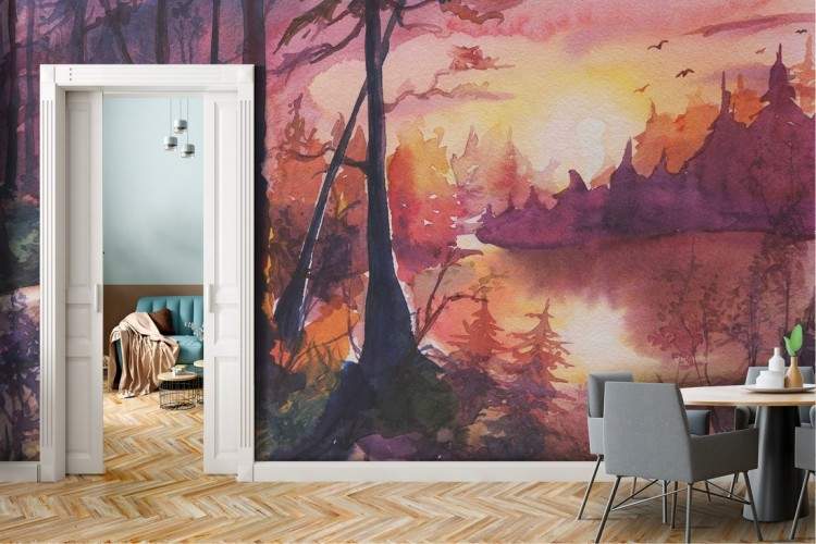 Wallpaper painted forest landscape