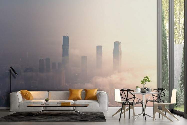 Wallpaper of skyscrapers among the clouds in a metropolis landscape