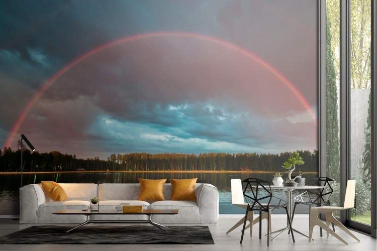 Forest on the lake with rainbow landscape wallpaper