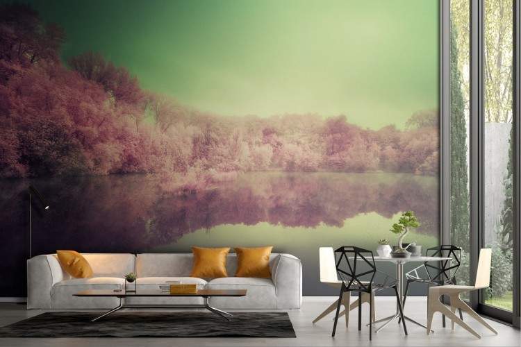 Wallpaper forest on the lake pink trees