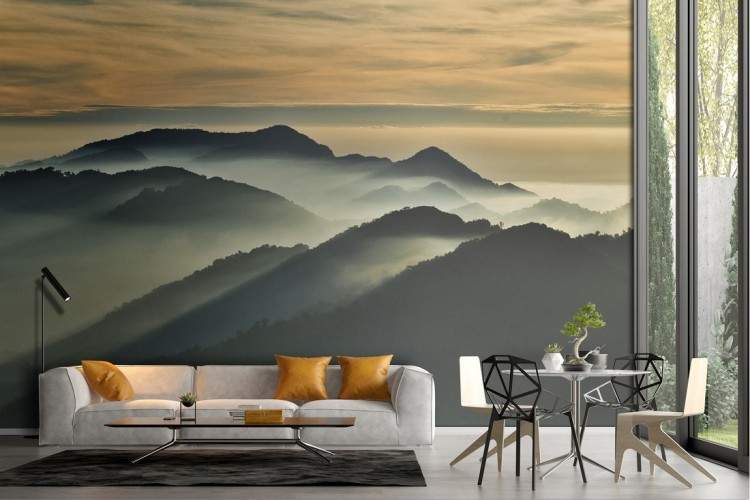 Wallpaper mountains in the fog with trees landscape