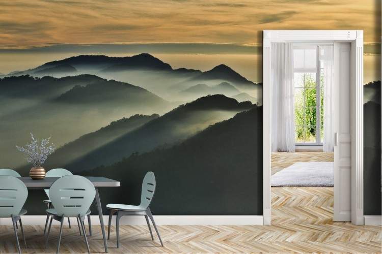 Wallpaper mountains fog with landscape trees and wall stickers