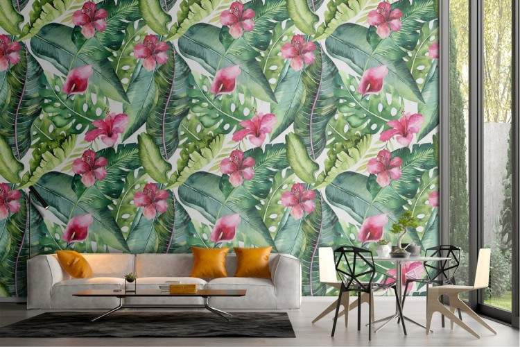 Tropical Flowers Leaves Wallpaper