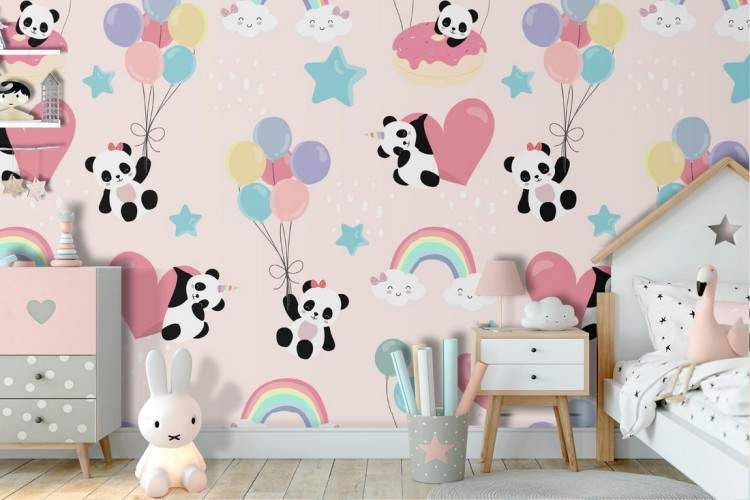 Panda, rainbows, and hearts children's wallpaper.