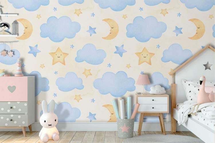 Children's Wallpaper decoration clouds and moon.