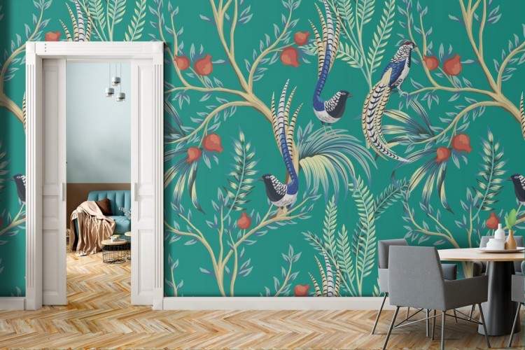 Wallpaper decoration exotic nature peacocks.