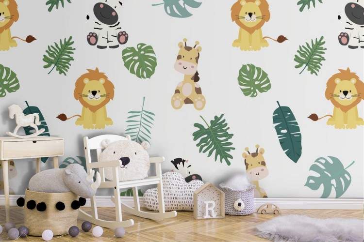 Children's Wallpaper with animal and plant patterns.