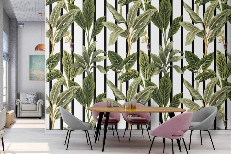 Tropical leaves and stripes pattern wallpaper.