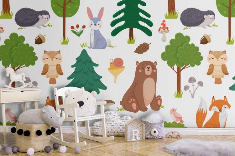 Children's wallpaper designs of forest and animals.