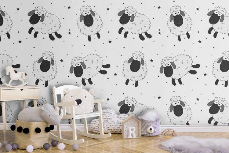 Children's wallpaper with sheep animals.