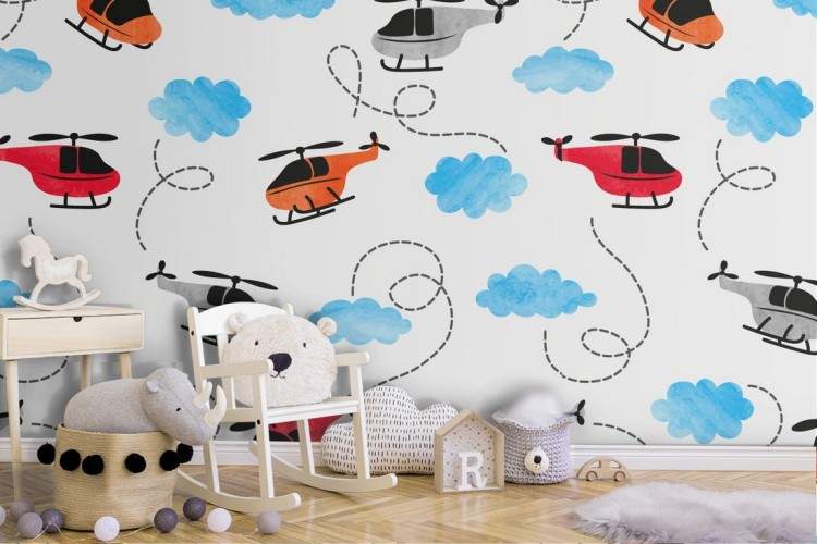 Children's wallpaper with helicopter pattern.