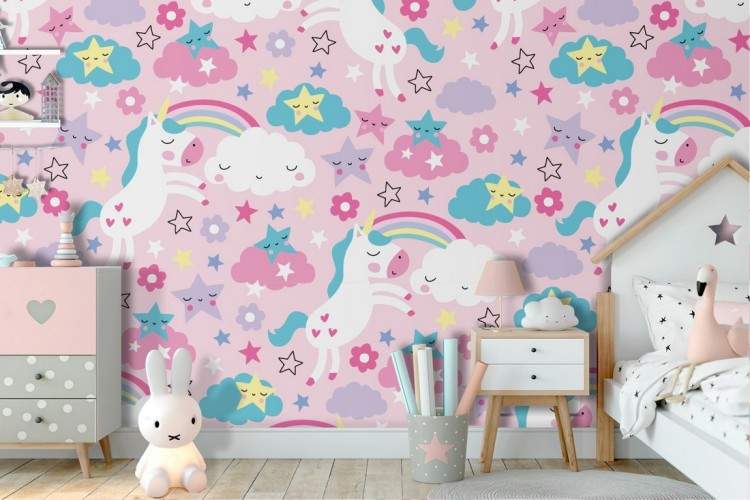 Carta da parati bambini unicorni arcobaleni pattern e adesivi murali