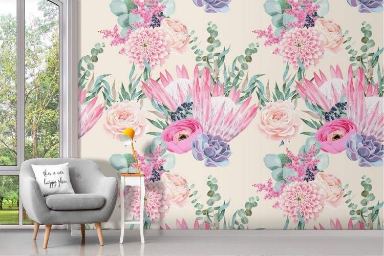 Refined pink flowers wallpaper decoration.