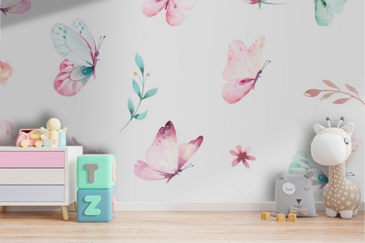 Wallpaper decoration for children with butterflies and ribbons.