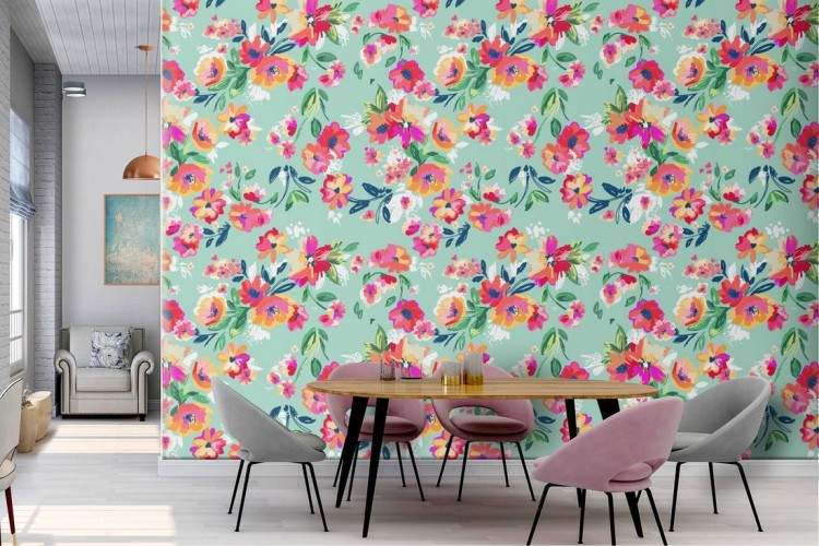 Wallpaper decoration with pink and white flowers.