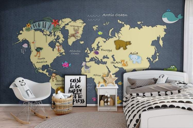 Children's wallpaper world map animals