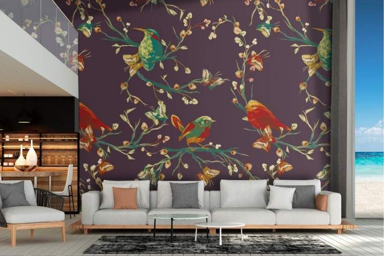 Wallpaper abstract decoration flowers and little birds.