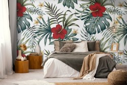 Carta da Parati decorazione fiori e foglie tropicali.